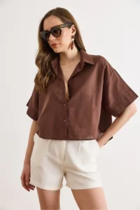 Olalook Women's Brown Six Oval Loose Fit Cotton Flam Shirt - Image 2