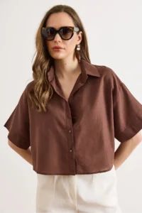 Olalook Women's Brown Six Oval Loose Fit Cotton Flam Shirt - Image 3