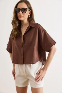 Olalook Women's Brown Six Oval Loose Fit Cotton Flam Shirt - Image 4