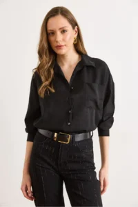 Olalook Women Black textured Loose Shirt - Image 2