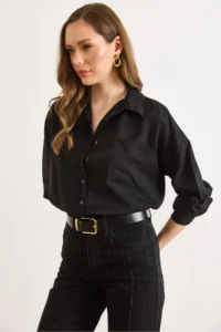 Olalook Women Black textured Loose Shirt - Image 3