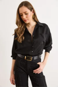 Olalook Women Black textured Loose Shirt - Image 5