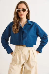 Olalook Women's Navy Blue Pocket Detailed Crop Woven Shirt - Image 2