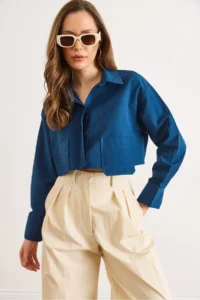 Olalook Women's Navy Blue Pocket Detailed Crop Woven Shirt - Image 3