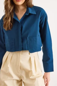 Olalook Women's Navy Blue Pocket Detailed Crop Woven Shirt - Image 5
