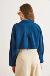 Olalook Women's Navy Blue Pocket Detailed Crop Woven Shirt - Image 6