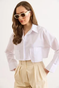 Olalook Women's White Pocket Detailed Crop Woven Shirt