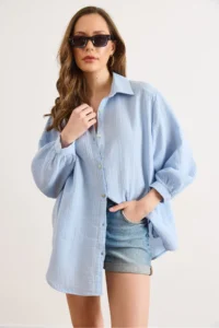 Olalook Women's Baby Blue Oversize Muslin Shirt - Image 2