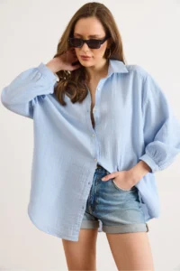 Olalook Women's Baby Blue Oversize Muslin Shirt - Image 3