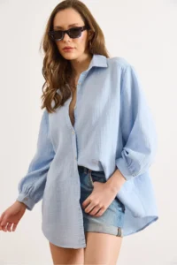 Olalook Women's Baby Blue Oversize Muslin Shirt - Image 4