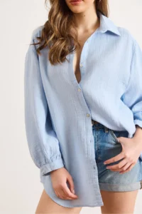 Olalook Women's Baby Blue Oversize Muslin Shirt - Image 5