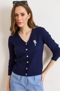 Olalook Women's Navy Blue V-Neck Buttoned Embroidery Detailed Hair Knitted Knitwear Cardigan