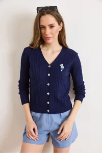 Olalook Women's Navy Blue V-Neck Buttoned Embroidery Detailed Hair Knitted Knitwear Cardigan - Image 2