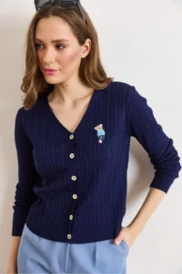 Olalook Women's Navy Blue V-Neck Buttoned Embroidery Detailed Hair Knitted Knitwear Cardigan - Image 3