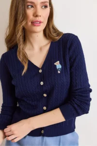 Olalook Women's Navy Blue V-Neck Buttoned Embroidery Detailed Hair Knitted Knitwear Cardigan - Image 4
