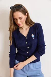 Olalook Women's Navy Blue V-Neck Buttoned Embroidery Detailed Hair Knitted Knitwear Cardigan - Image 5