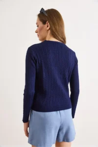 Olalook Women's Navy Blue V-Neck Buttoned Embroidery Detailed Hair Knitted Knitwear Cardigan - Image 6
