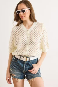 Olalook Women's Ecru Little Baklava Openwork Crop Seasonal Cardigan
