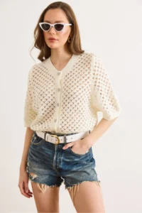 Olalook Women's Ecru Little Baklava Openwork Crop Seasonal Cardigan - Image 2