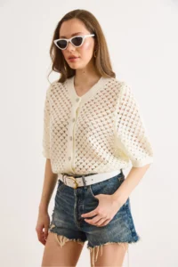 Olalook Women's Ecru Little Baklava Openwork Crop Seasonal Cardigan - Image 3