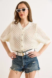 Olalook Women's Ecru Little Baklava Openwork Crop Seasonal Cardigan - Image 4