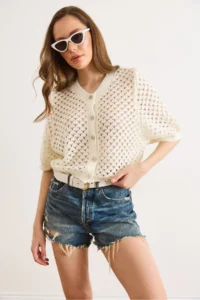 Olalook Women's Ecru Little Baklava Openwork Crop Seasonal Cardigan - Image 5