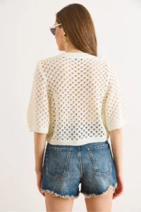 Olalook Women's Ecru Little Baklava Openwork Crop Seasonal Cardigan - Image 6