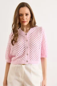 Olalook Women's Pink Little Baklava Openwork Crop Seasonal Cardigan - Image 2