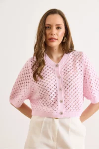 Olalook Women's Pink Little Baklava Openwork Crop Seasonal Cardigan - Image 3