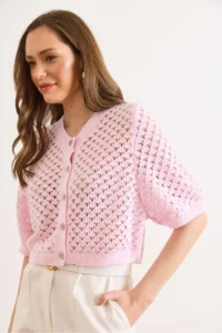 Olalook Women's Pink Little Baklava Openwork Crop Seasonal Cardigan - Image 4