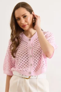 Olalook Women's Pink Little Baklava Openwork Crop Seasonal Cardigan - Image 5