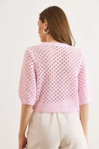 Olalook Women's Pink Little Baklava Openwork Crop Seasonal Cardigan - Image 6