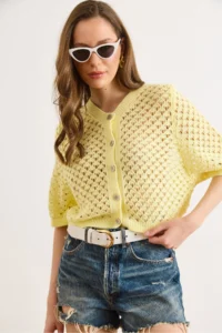 Olalook Women's Yellow Little Baklava Openwork Crop Seasonal Cardigan