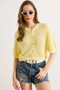 Olalook Women's Yellow Little Baklava Openwork Crop Seasonal Cardigan - Image 2