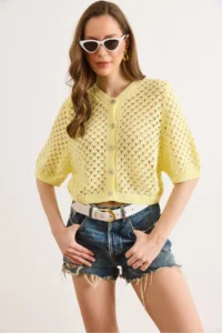 Olalook Women's Yellow Little Baklava Openwork Crop Seasonal Cardigan - Image 3