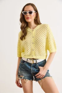 Olalook Women's Yellow Little Baklava Openwork Crop Seasonal Cardigan - Image 4