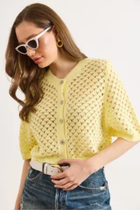 Olalook Women's Yellow Little Baklava Openwork Crop Seasonal Cardigan - Image 5