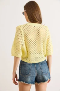 Olalook Women's Yellow Little Baklava Openwork Crop Seasonal Cardigan - Image 6