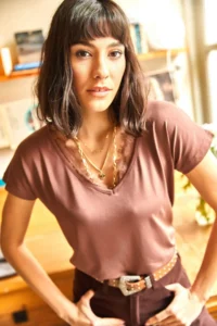 Olalook Women's Bitter Brown Collar Lace Casual Viscose Blouse - Image 3