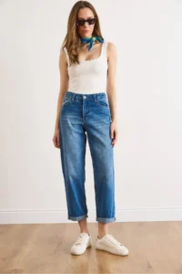 Olalook Women's Dark Blue Washed Jeans with Folded Leg Pockets - Image 2