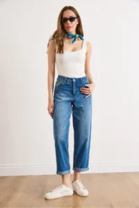 Olalook Women's Dark Blue Washed Jeans with Folded Leg Pockets - Image 3