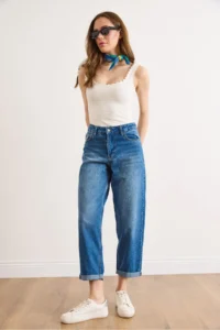 Olalook Women's Dark Blue Washed Jeans with Folded Leg Pockets - Image 4