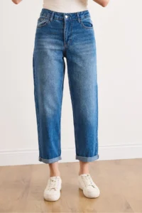Olalook Women's Dark Blue Washed Jeans with Folded Leg Pockets - Image 5