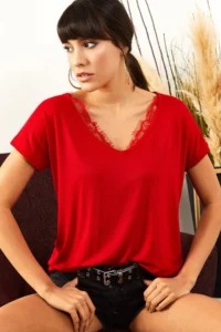 Olalook Women's Red Collar Lace Casual Viscose Blouse - Image 3