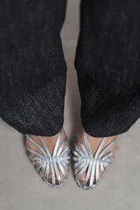 Nisantasi Shoes Leny Silver Metallic Piped 1-2 Cm Thick Heels Women Sandals Flats - Image 9