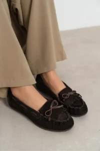 Nisantasi Shoes Ferre DARK BROWN SUEDE GENUINE LEATHER Lacing Detailed Flat Sole Women Loafer Shoes - Image 8