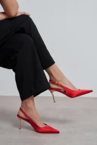 Nisantasi Shoes Viora Red Satin Belt Detailed Women Gold Heels Shoes - Image 2