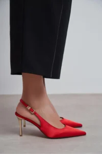 Nisantasi Shoes Viora Red Satin Belt Detailed Women Gold Heels Shoes - Image 7