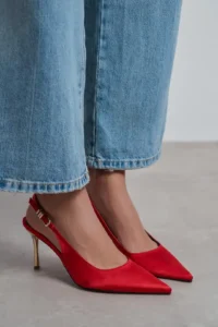 Nisantasi Shoes Viora Red Satin Belt Detailed Women Gold Heels Shoes - Image 9