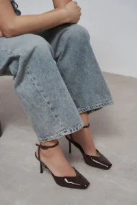 Nisantasi Shoes Kahla Brown Patent Ankle Tie Toe Light Detailed Women Heels Shoes